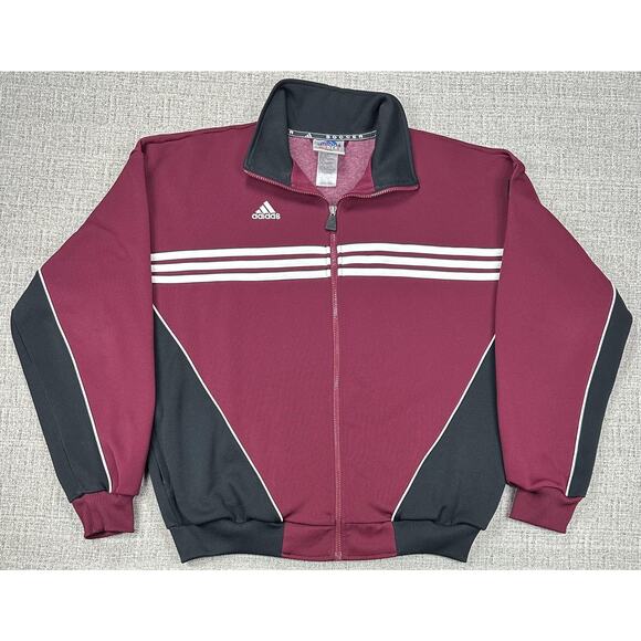 Adidas Jacket Mens Large Maroon Black Soccer Full Zip Track Athletic Retro Y2K - Picture 1 of 11